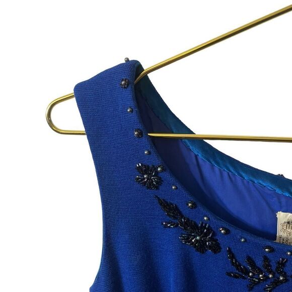 Vintage Banff Virgin Wool Cobalt Blue Sleeveless Beaded Sheath Dress Size 10 - Picture 4 of 10
